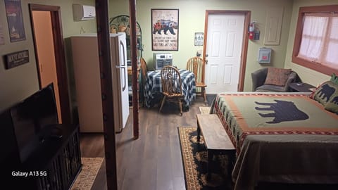 Yes, that is a Full size refrigerator.  Fireplace on the other side of the bed.