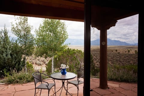 Patio with table and chairs, gas BBQ included.