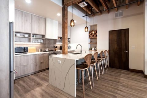 Large kitchen with high end appliances.