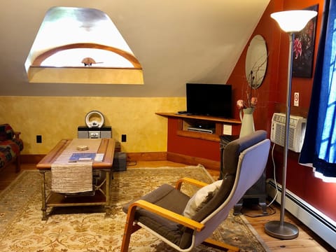 Living room with angled skylight, patterned area rug, wooden coffee table, and cushioned armchair by floor lamp.