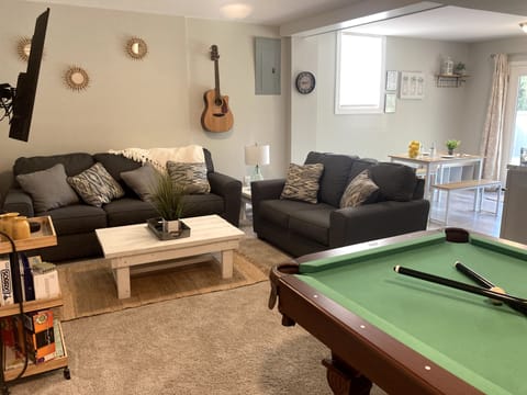 Living room with a pull-out memory foam couch (fits 2)