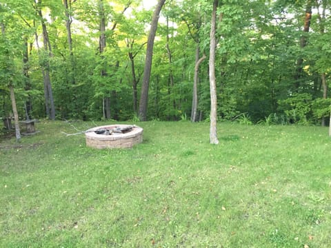 Fire pit area. Wooded areas behind cabin and along the sides.