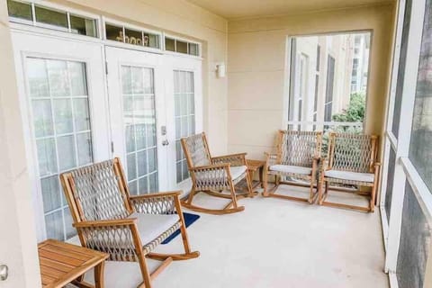 Back porch looking at pond with fountain