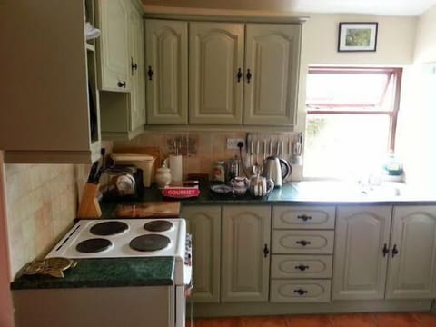 Kitchen area. Kitchen looking out on back street and alod stone sheds.