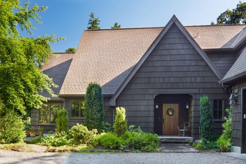 Main entry to the owner's Old Oswego European inspired home, built in 2007