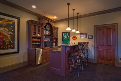Lower level bar with dedicated icemaker, beverage fridge, sink, and dishwasher