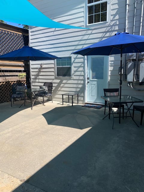 Front door of the apartment and patio area