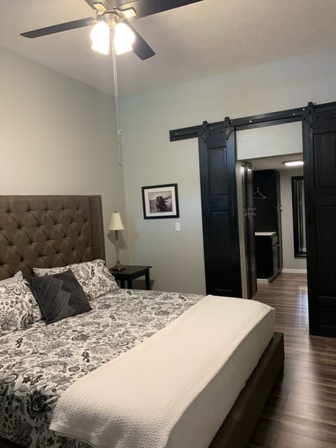 King bed, tall ceiling, entry into walk-in closet/dressing area