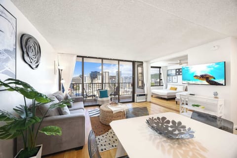 Your living area has a 50" smart TV and a pull-out sleeper sofa