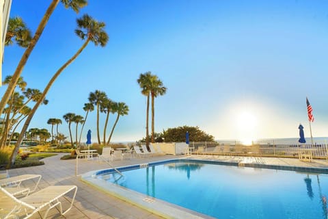Resort-style oceanfront pool surrounded by palm trees, offering the perfect spot to relax during your beach vacation