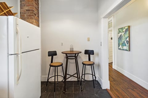 The kitchen has a dining area for two.
