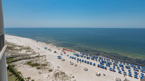 This stunning balcony view showcases a beautiful beachfront with colorful umbrellas and lounge chairs, perfect for relaxation