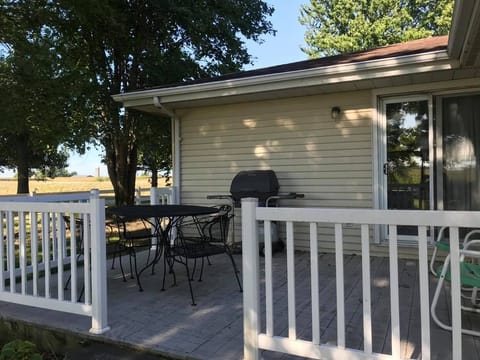 Back deck with table, chairs, and grill.
