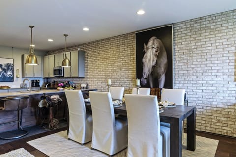 Gorgeous Dining Arrangement Perfect for Dining in, or as a Great Spot for Game Night With Our Vintage Parker Game Collection Located on Brass Table By the Wall.