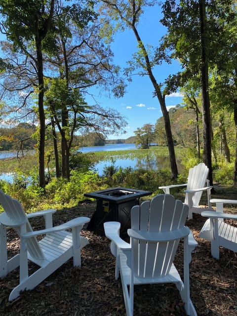 View from the backyard, with firepit and seating