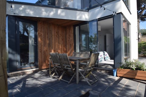 Patio area with doors into living area and the master bedroom