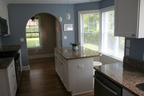 Large, open, modern kitchen with huge island.