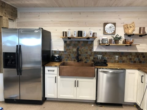 Copper sink, stainless steel appliances 