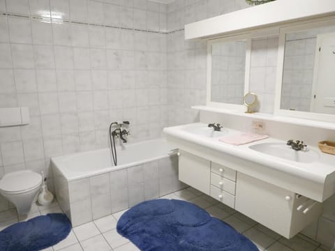 Bathtub, towels, soap, toilet paper