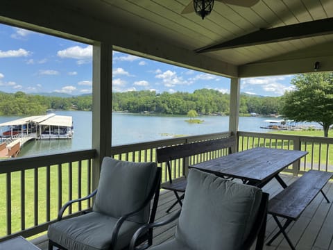 lake and mountain views from the covered porch