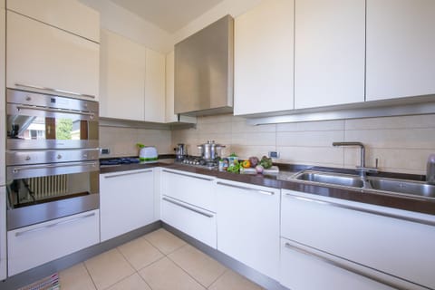 The kitchen with cooker hob, oven and microwave