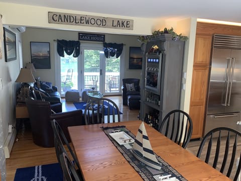 Dining room has like view.  Set up to seat 6.  Table leave and two chairs for 8.