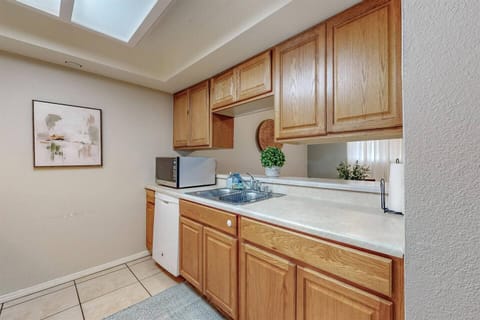 Kitchen overlooks the dining room area