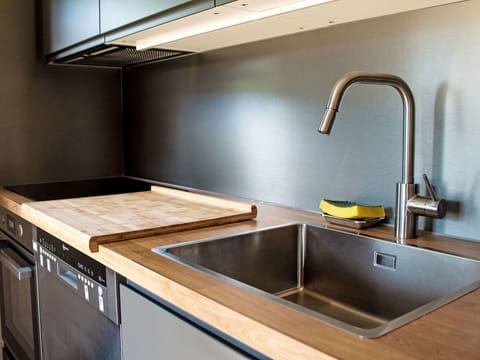 Wood, Countertop, Kitchen Sink, Flooring, Plumbing Fixture, Interior Design, Kitchen, Plumbing, Sink, Tap