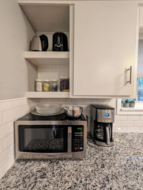 Drip coffee maker, filters, sugar, splenda, stevia, electric kettle, toaster