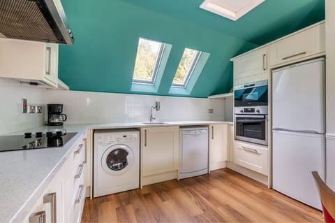 Compact and efficient kitchenette with skylights for a bright cooking space.