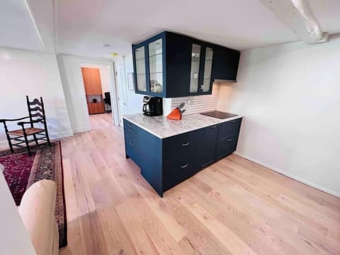 Open kitchen with granite countertops, induction cooktop, integrated Sub Zero fridge/freezer drawers
