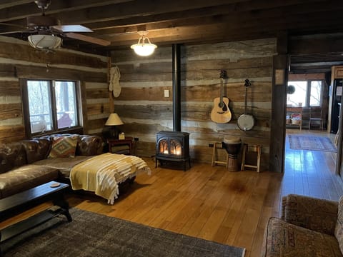 Cozy family room with cast iron heater