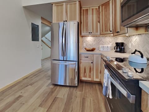 Indoors, Hardwood, Refrigerator, Kitchen, Floor