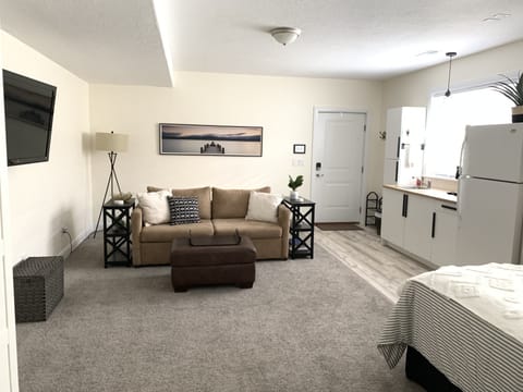 Outside entry door; sofa bed; kitchenette, queen bed