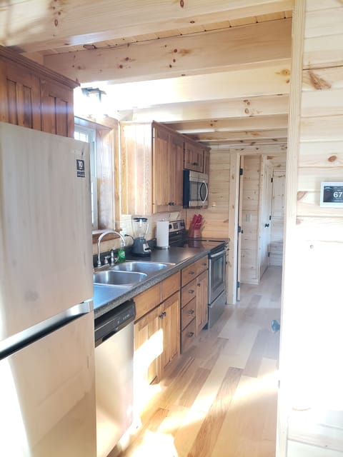 Galley kitchen complete with dishwasher, microwave and stove