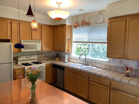 Kitchen has plenty of dishes, glass, cookware and utensils.