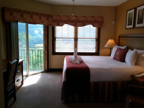 Bedroom w/dresser, nightside table, large screen TV and doors to deck ~~~