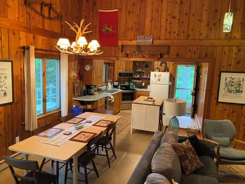 Dining table can expand with a leaf.