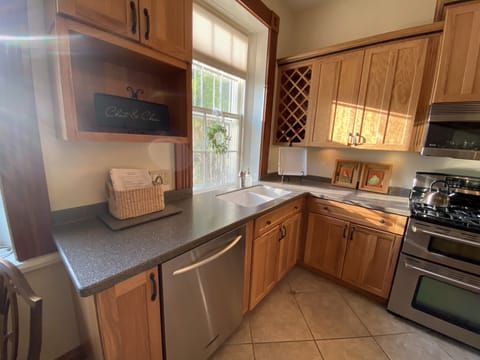 Here you’ll find ground coffee, k-cups, a binder of needed info, and guest book.