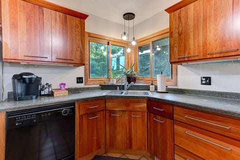 Kitchen has 2 coffee makers, dishwasher, blender, variety of pots & pans, etc. 