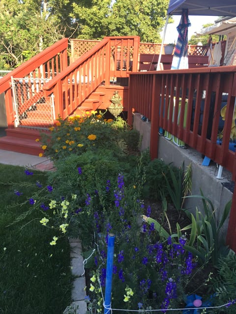Back yard side of 2 decks and fountain, seasonal