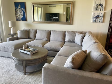 Sectional in open living area and four sliding door 