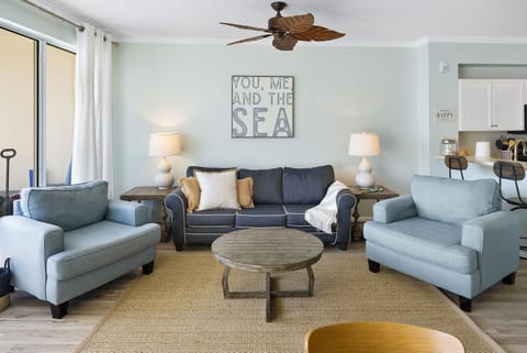 beautifully styled living room, pull out sofa & oversized chairs for max comfort