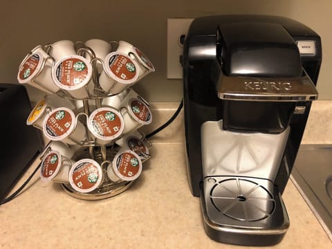K-cup pods are provided as well as a Keurig coffee maker