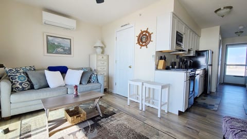 Comfortable living room and galley kitchen