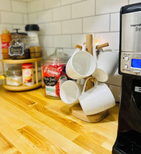 A variety of coffee, tea, sweetener, creamer, 12 cup drip, French press & more!