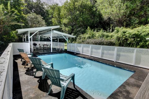 Very private backyard pool w/ covered shelter, dining table and charcoal grill.