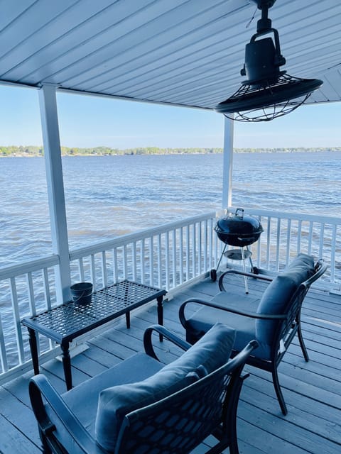Front porch view of main lake with Weber kettle grill 