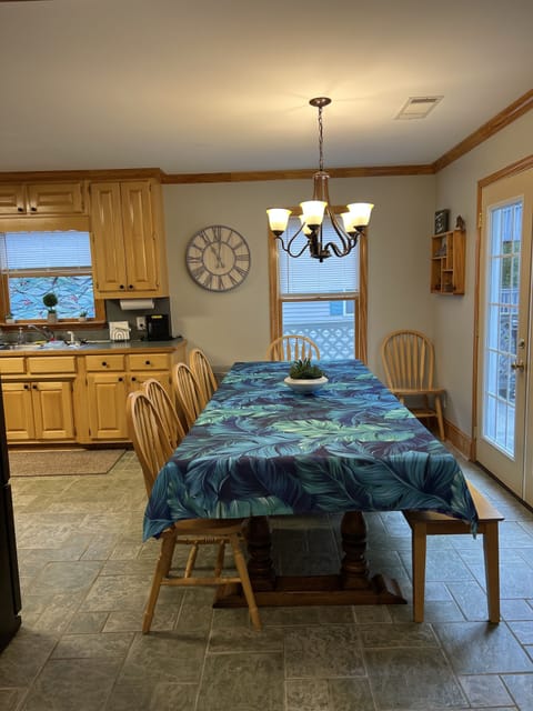 Large dinning table seats 12 plus, we have children’s booster seats. 