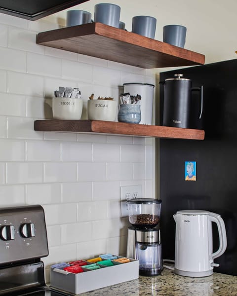 Help yourself to our complimentary collection of teas and  locally-roasted coffee. A burr grinder and french press are provided to help you make the perfect cup of coffee.